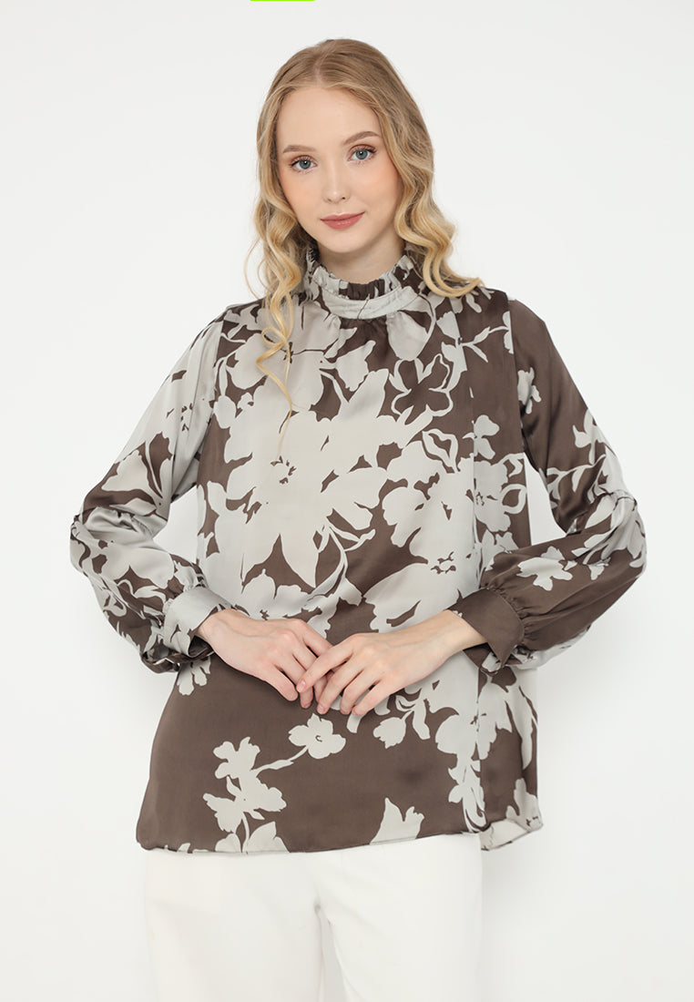 Jermaine Ruffle Floral Blouse Satin | Brown