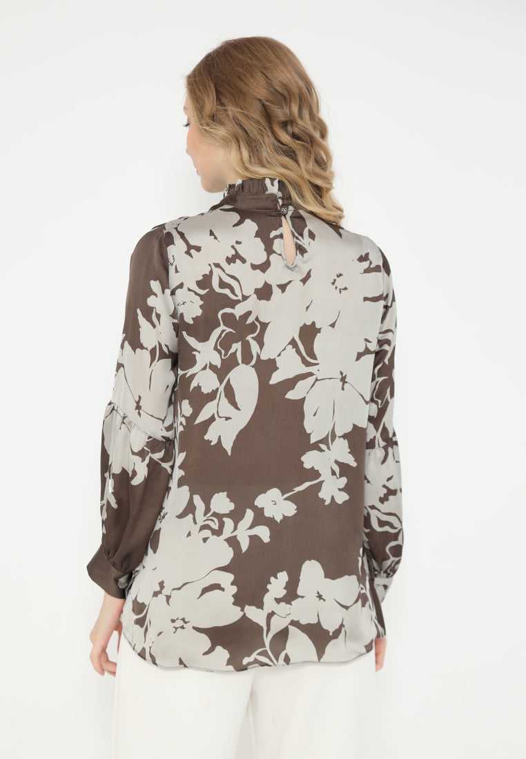 Jermaine Ruffle Floral Blouse Satin | Brown