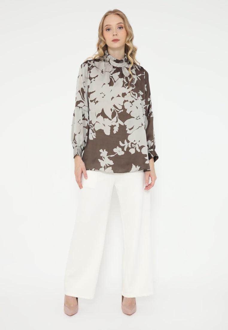 Jermaine Ruffle Floral Blouse Satin | Brown