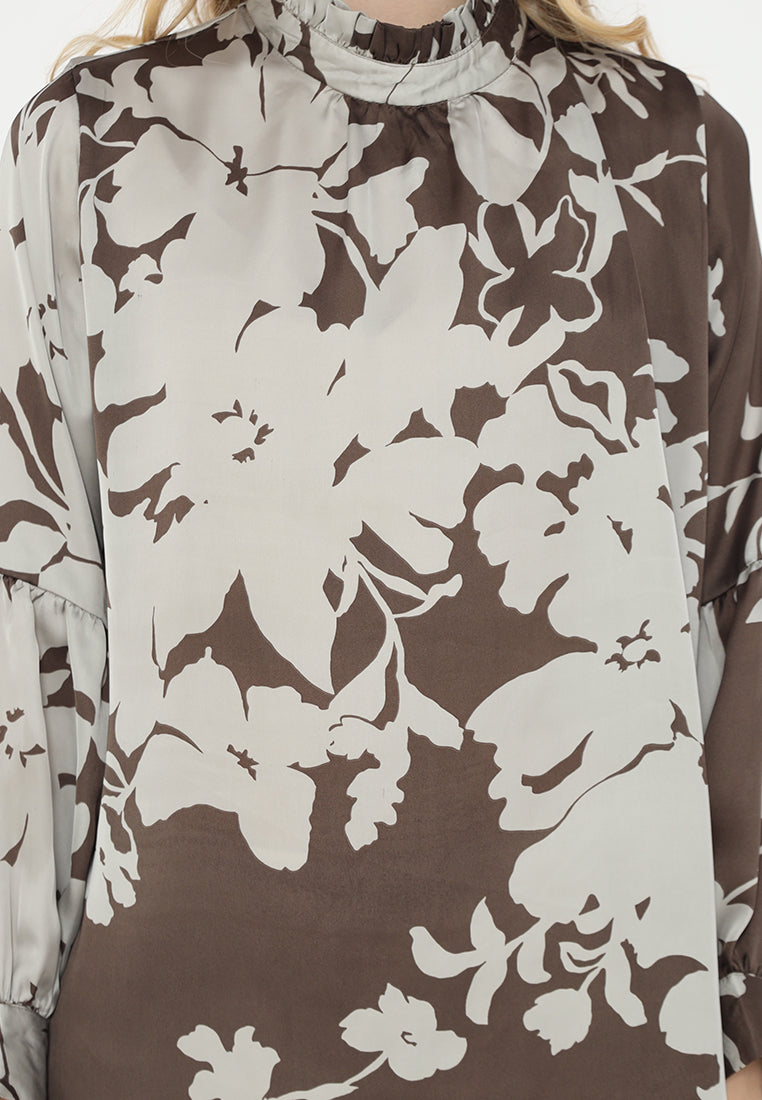 Jermaine Ruffle Floral Blouse Satin | Brown