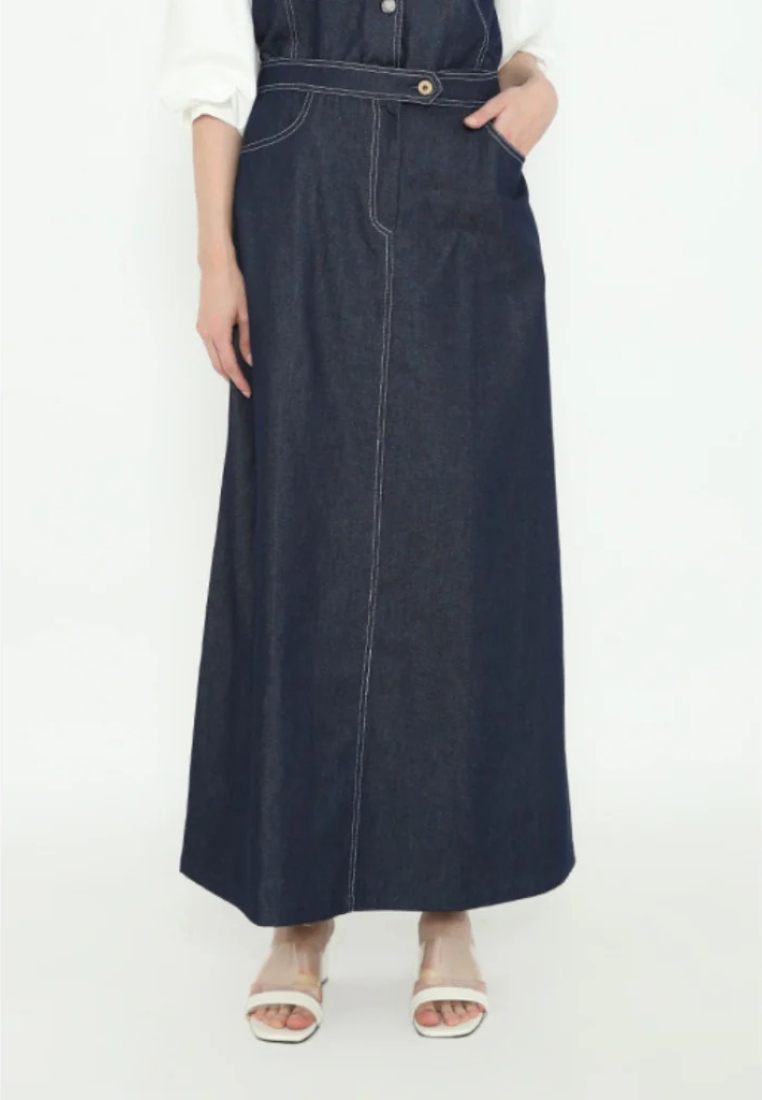 Queena Long Skirt In Denim | Navy