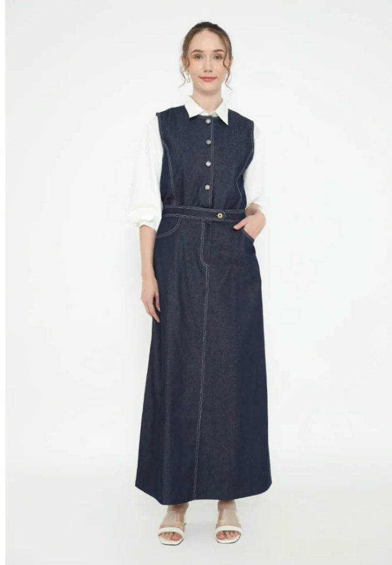 Queena Long Skirt In Denim | Navy