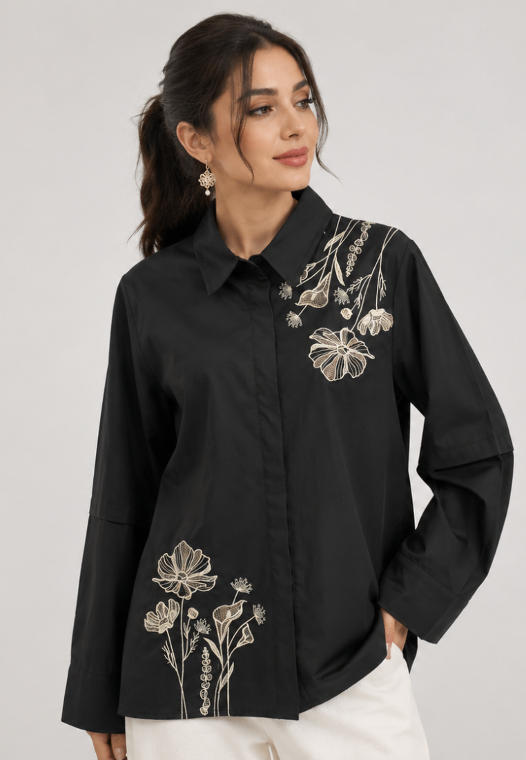 Julia Flower Embroidery Shirt | Black