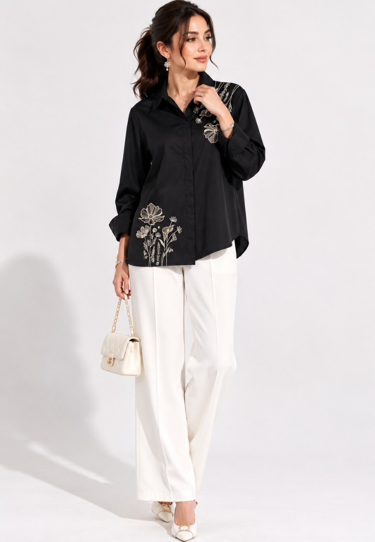 Julia Flower Embroidery Shirt | Black