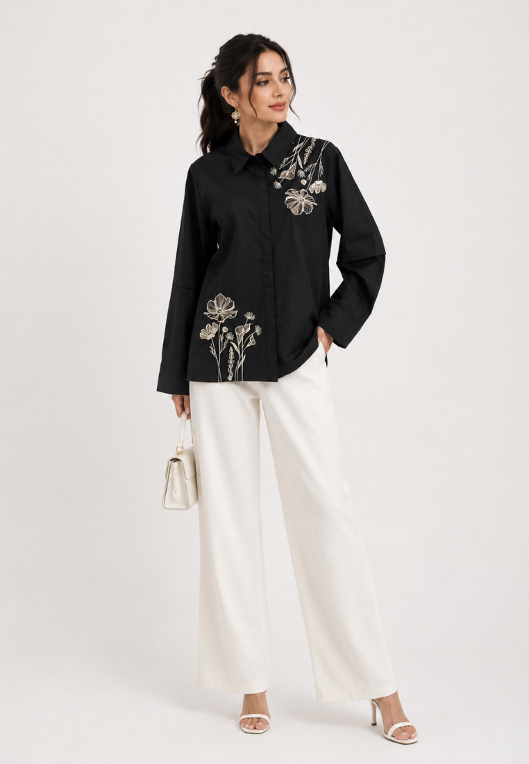 Julia Flower Embroidery Shirt | Black