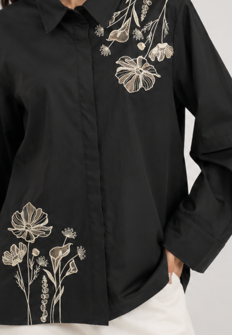 Julia Flower Embroidery Shirt | Black