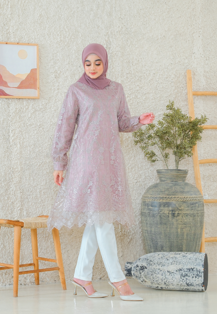 Lunara Long Sleeved Tunic with Brocade | Purple