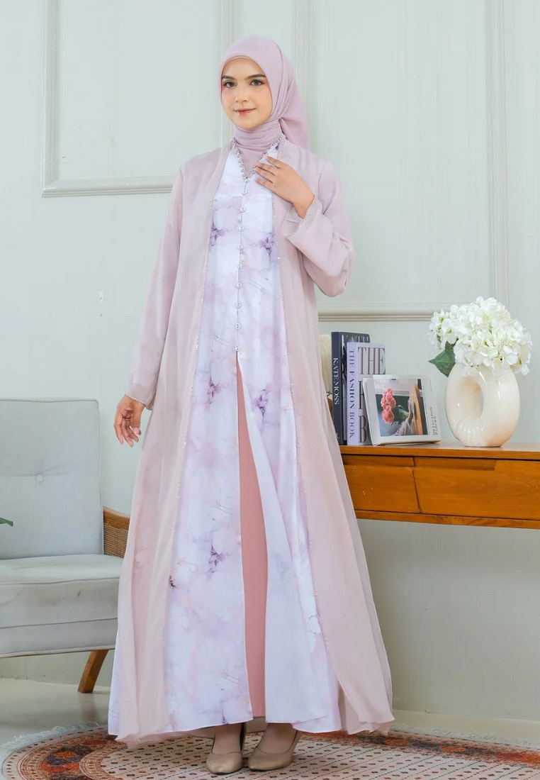 Elisa Pink Marble Muslim Long Dress | Pink