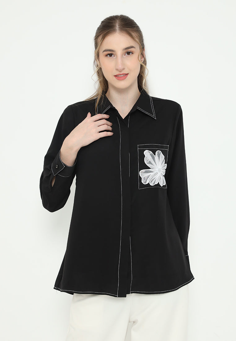 Viona Shirt Black With Flowers In Pocket | Black