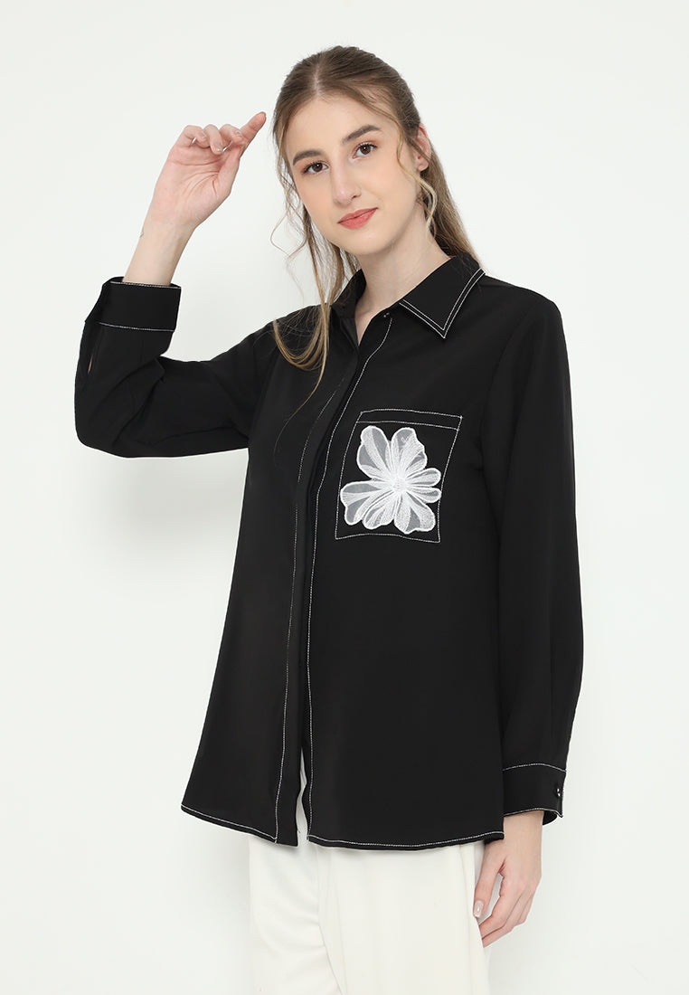 Viona Shirt Black With Flowers In Pocket | Black