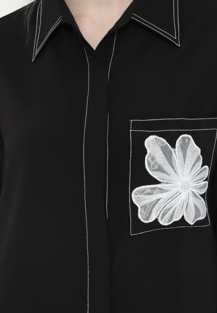 Viona Shirt Black With Flowers In Pocket | Black