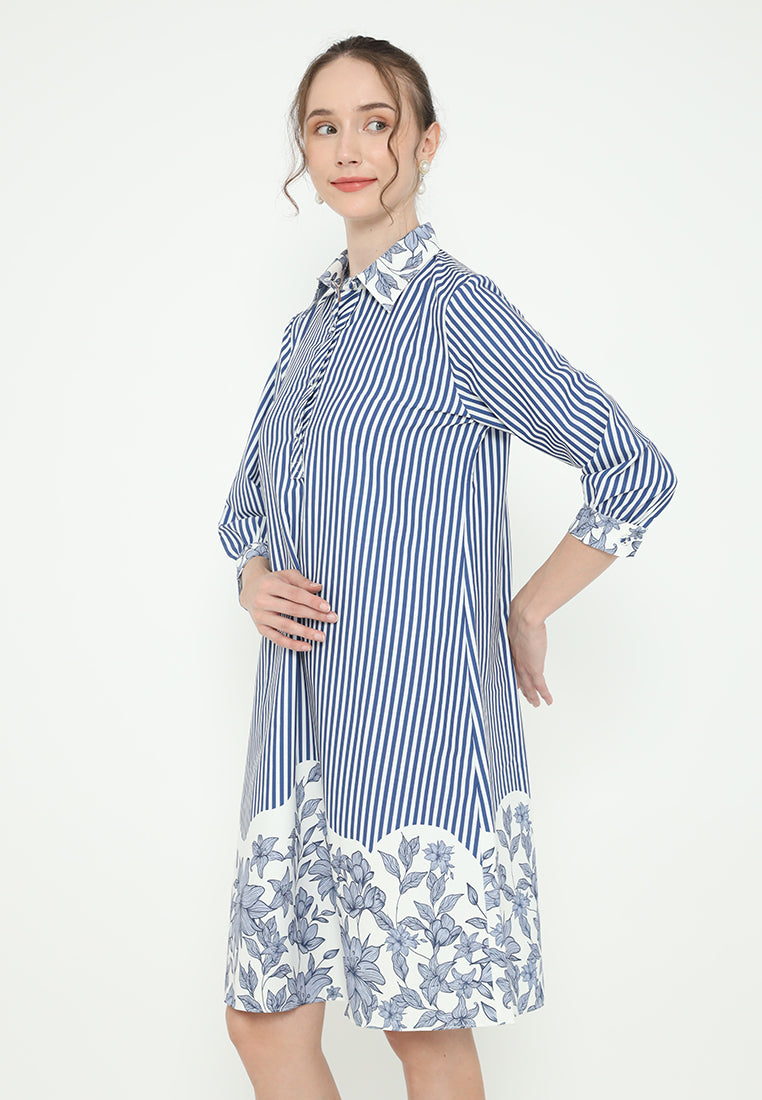 Nimas Midi Dress Stripe with Floral Combination | Blue