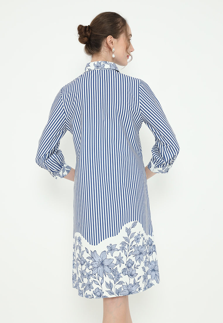 Nimas Midi Dress Stripe with Floral Combination | Blue