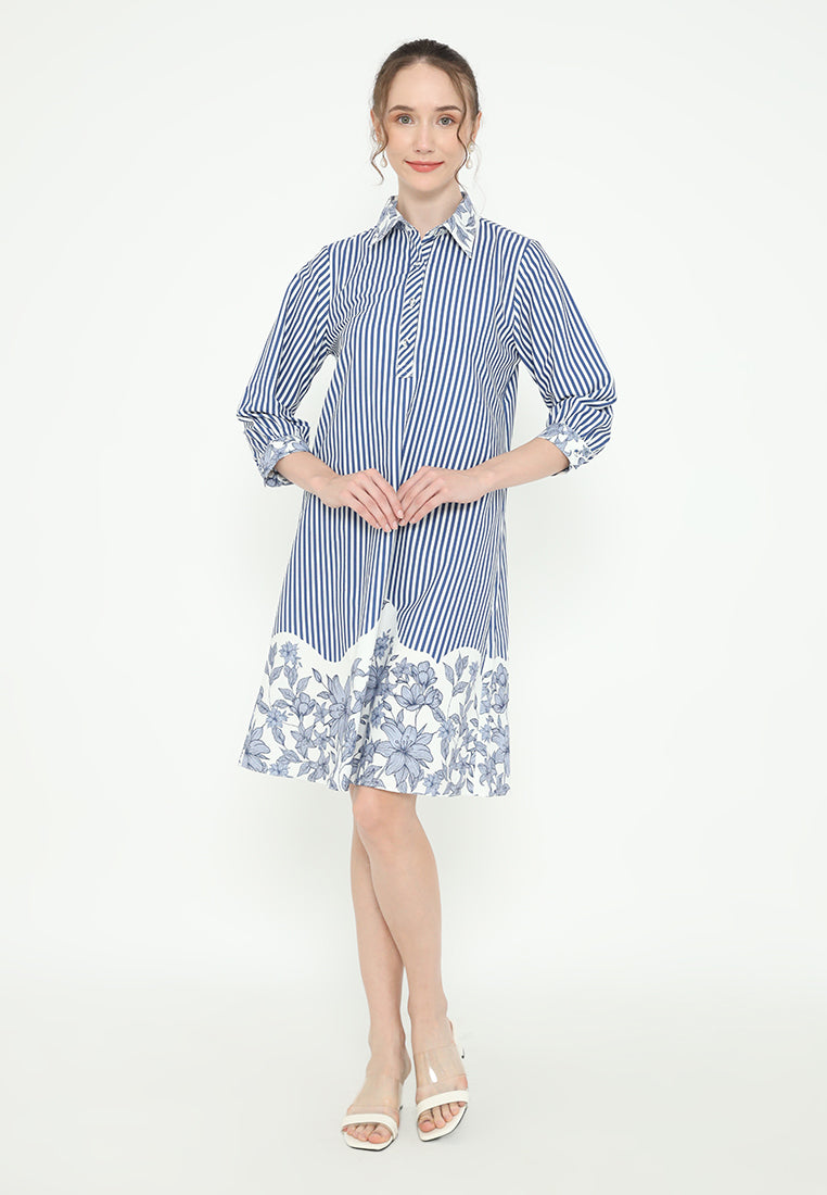 Nimas Midi Dress Stripe with Floral Combination | Blue