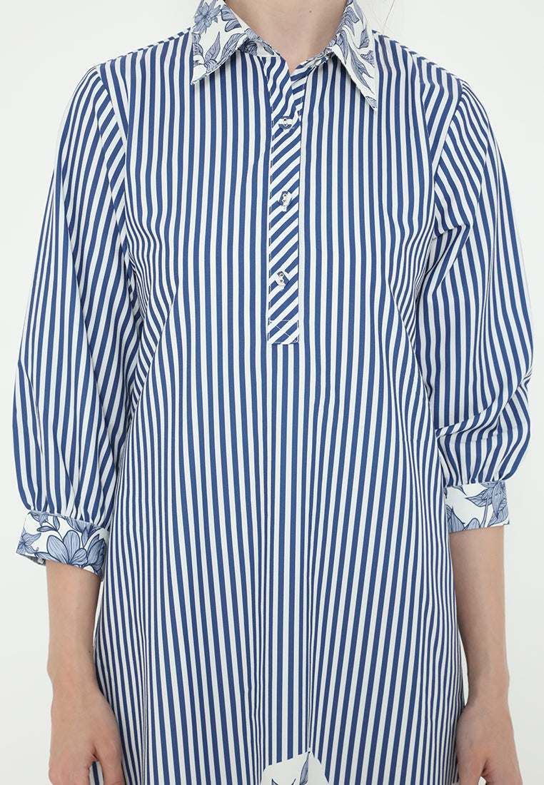 Nimas Midi Dress Stripe with Floral Combination | Blue