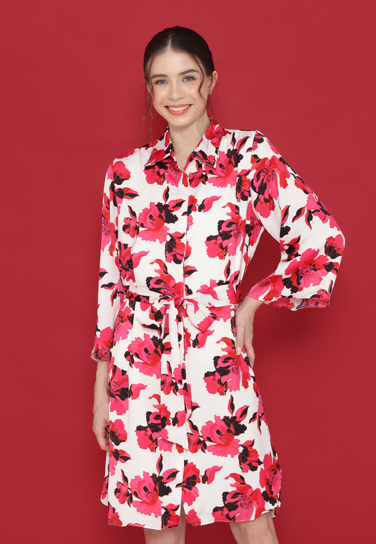 Patris Dress floral wanita elegan kekinian lengan panjang motif bunga merah pink By Brilliant Girl