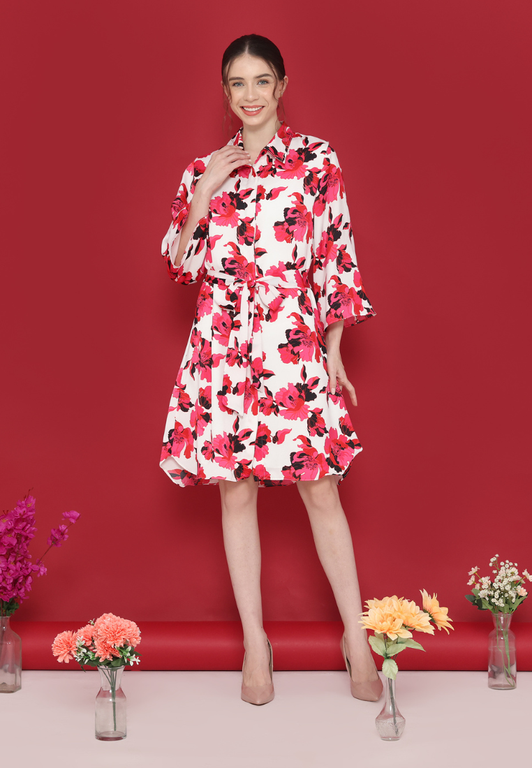 Patris Dress floral wanita elegan kekinian lengan panjang motif bunga merah pink By Brilliant Girl
