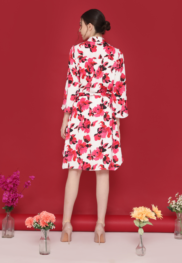 Patris Dress floral wanita elegan kekinian lengan panjang motif bunga merah pink By Brilliant Girl