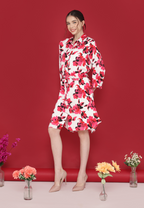 Patris Dress floral wanita elegan kekinian lengan panjang motif bunga merah pink By Brilliant Girl