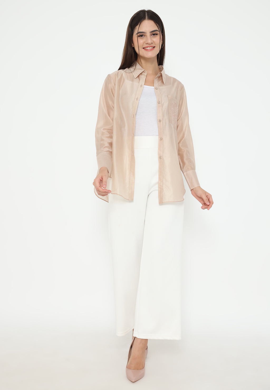 Celestine Shirt Nude Cream With Embroidery In Pocket | Cream