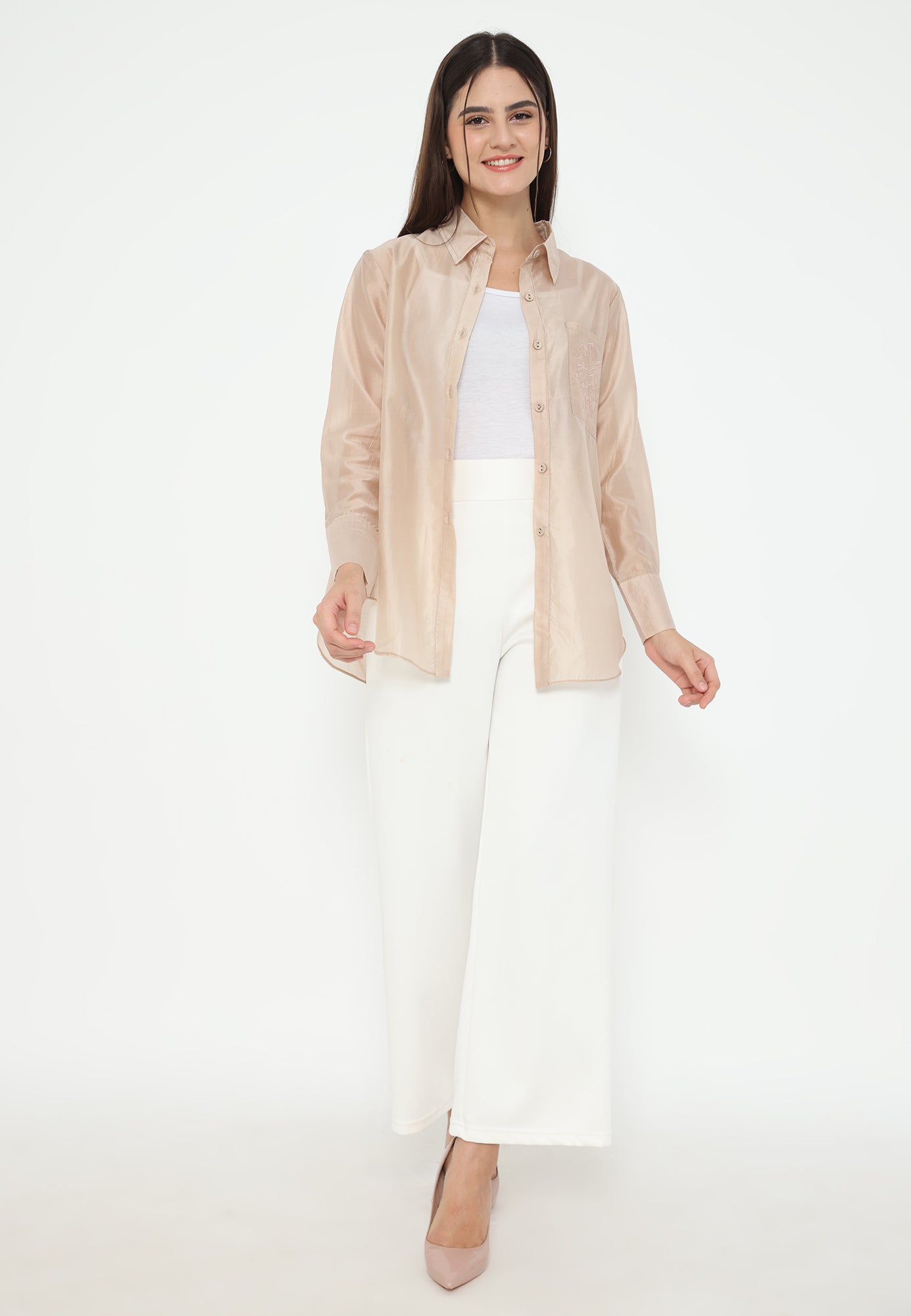 Celestine Shirt Nude Cream With Embroidery In Pocket | Cream