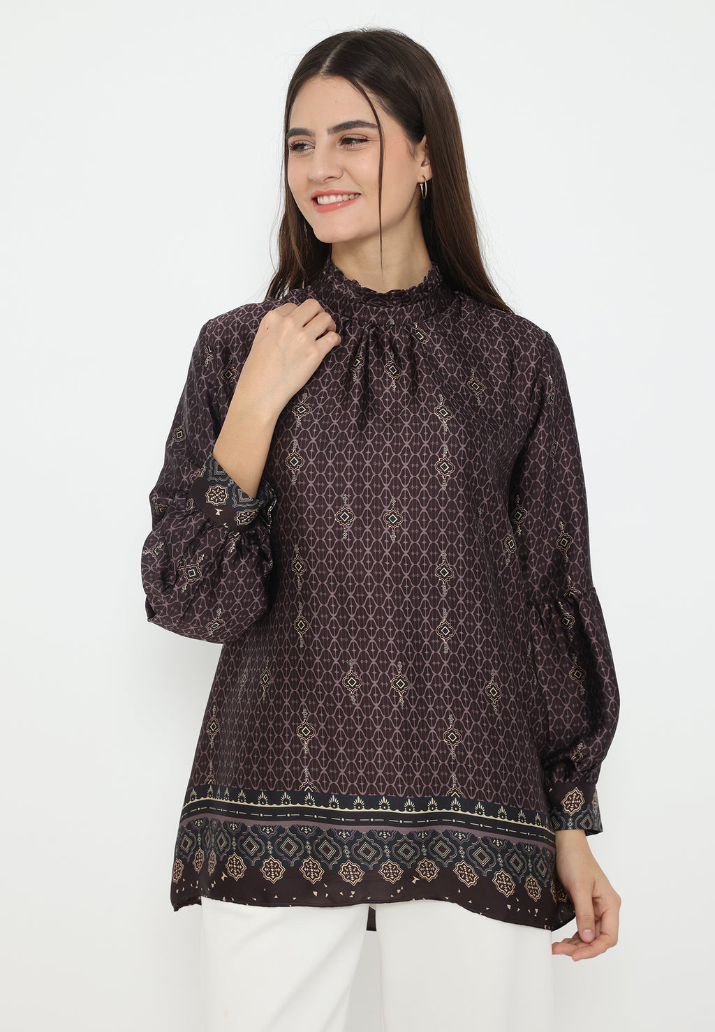 Ruffles Blouse Printed With Puff Sleeve | Purple