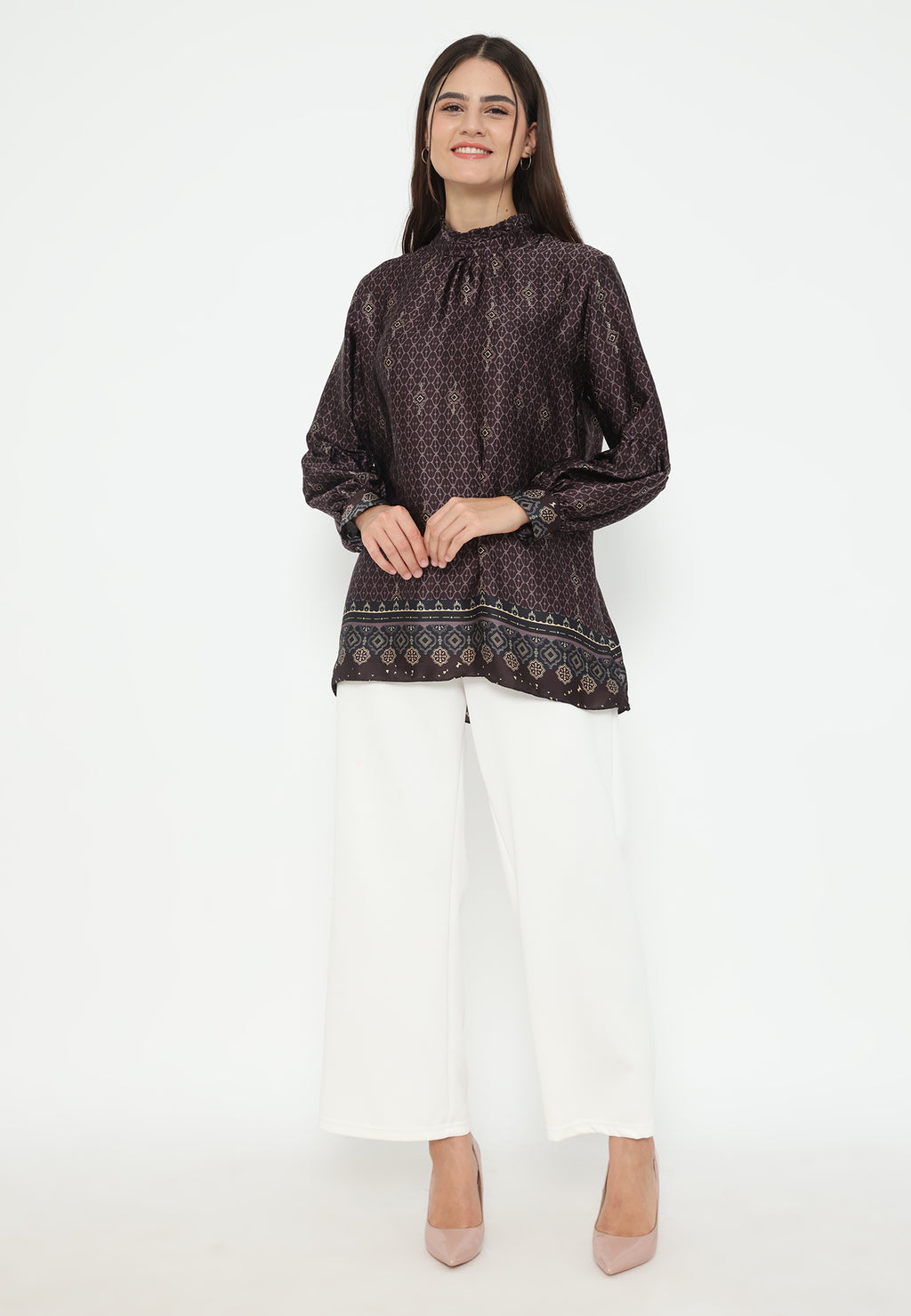 Ruffles Blouse Printed With Puff Sleeve | Purple