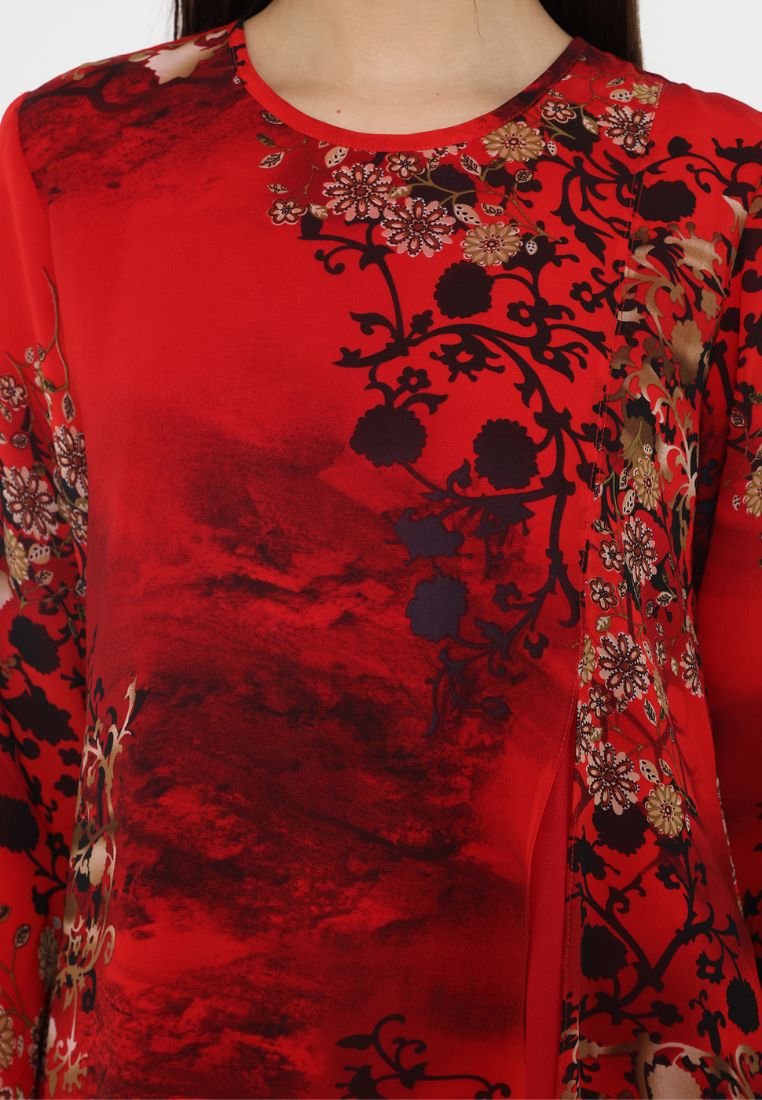 Carmen Midi Dress with Floral | Red