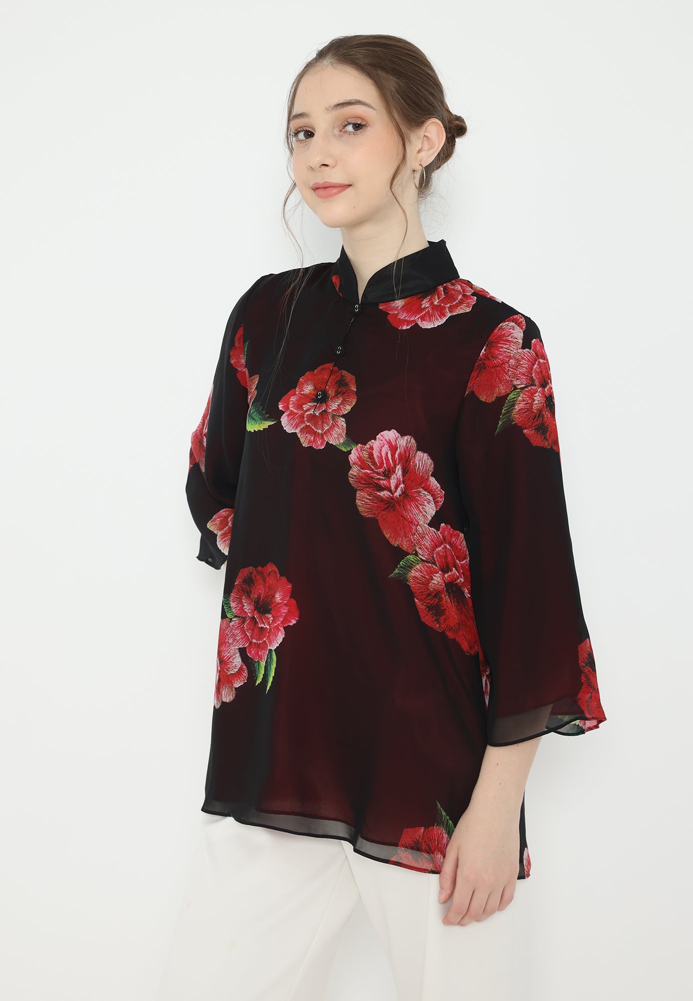 Oriental Floral Blouse Chiffon | Red