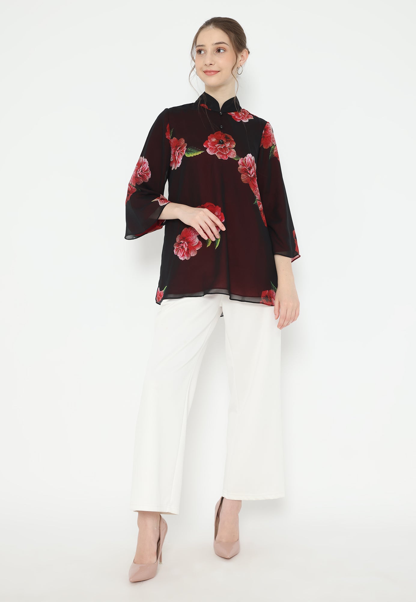 Oriental Floral Blouse Chiffon | Red