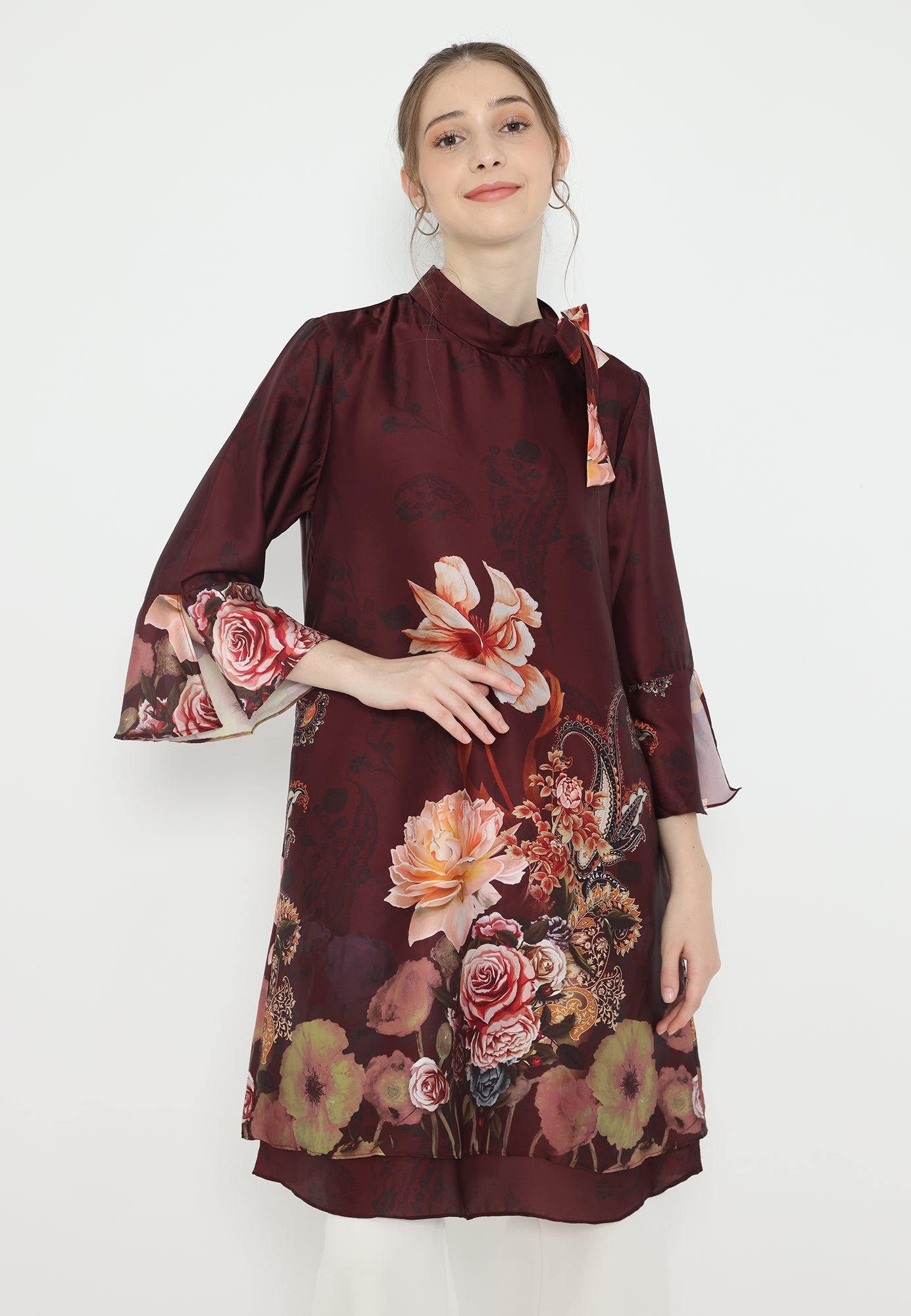 Geraldine Floral Midi Dress With Tape Detail | Maroon