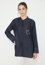Deliah Tops Soft Denim With Pocket Embroidery | Navy