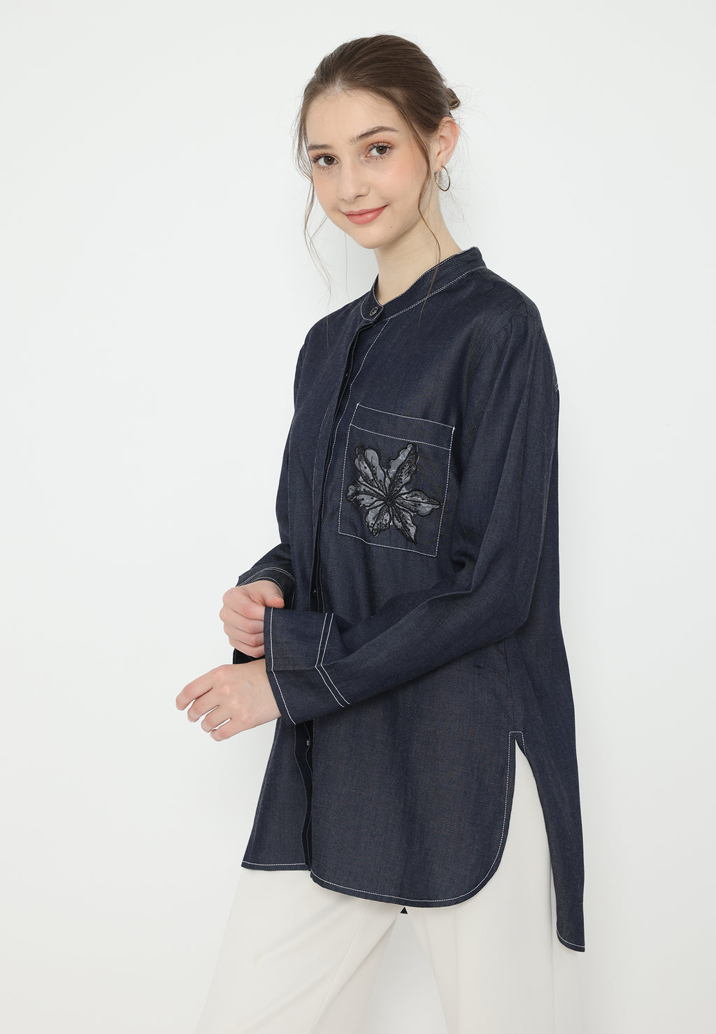 Deliah Tops Soft Denim With Pocket Embroidery | Navy