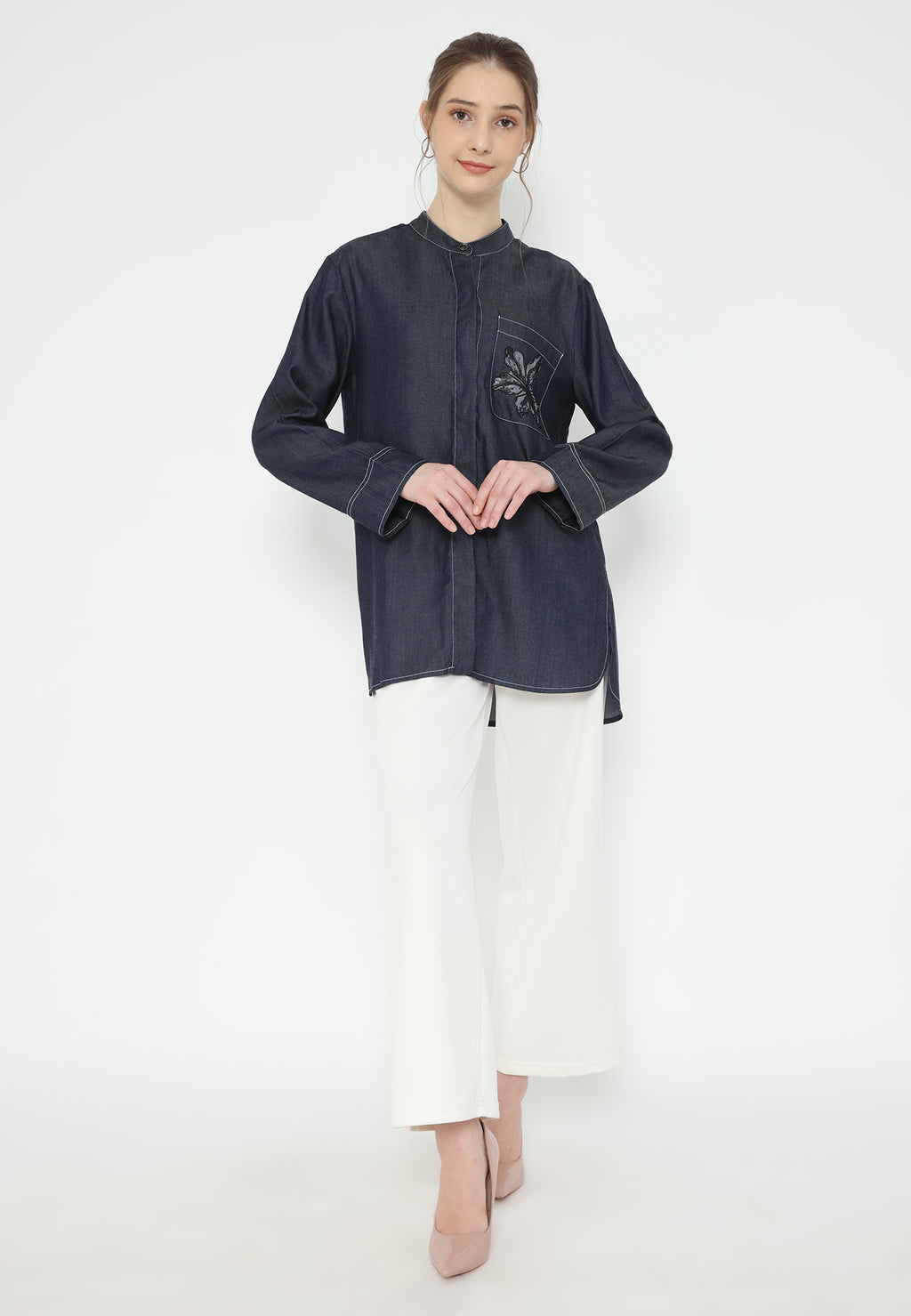 Deliah Tops Soft Denim With Pocket Embroidery | Navy