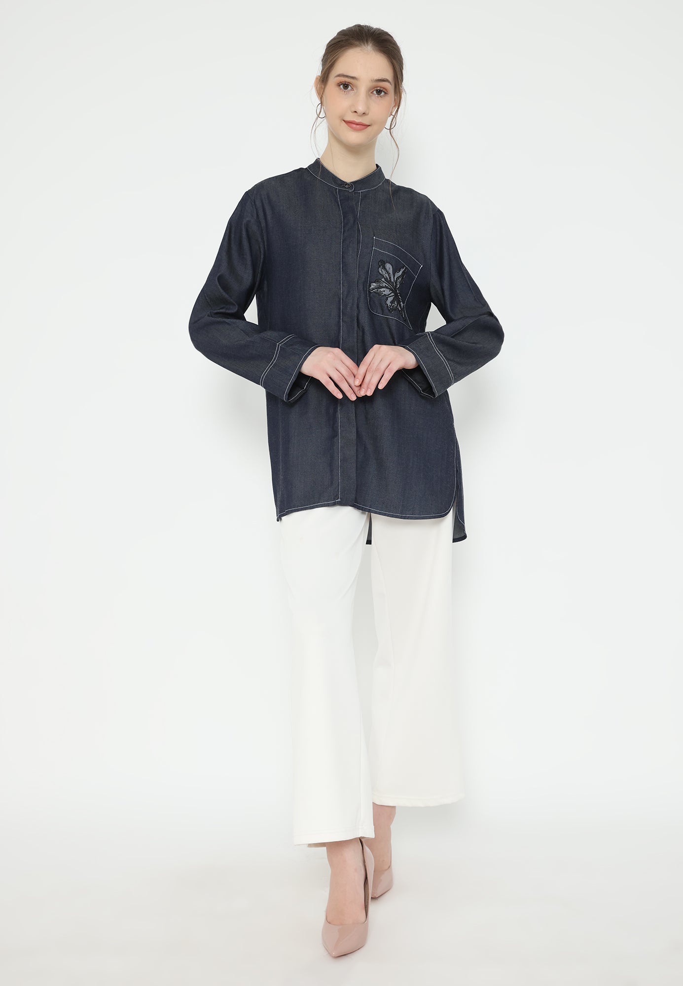 Deliah Tops Soft Denim With Pocket Embroidery | Navy