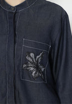 Deliah Tops Soft Denim With Pocket Embroidery | Navy