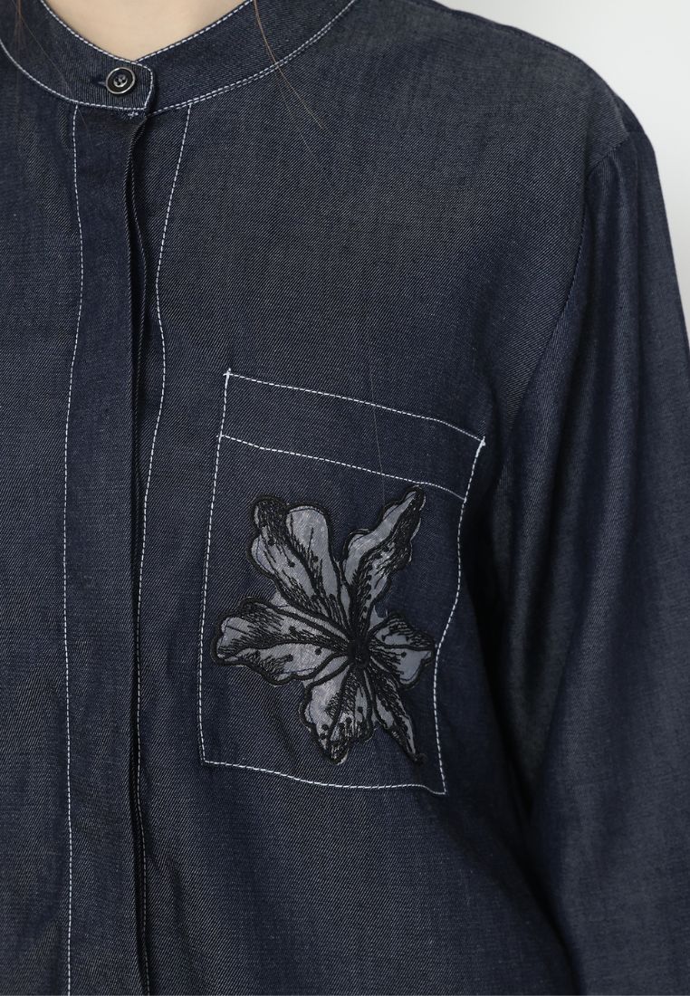 Deliah Tops Soft Denim With Pocket Embroidery | Navy