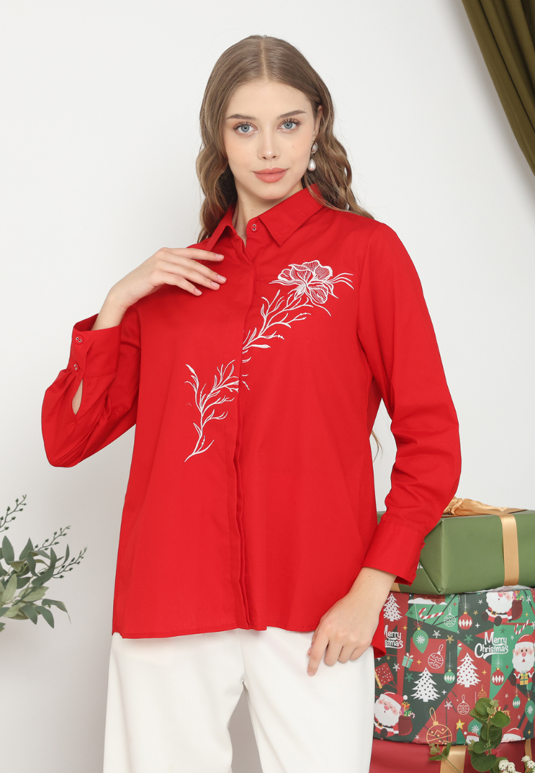 Hailey Floral Emboridered Tops | Red
