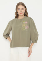 Daffodil Plain Blouse With Floral Embroidery | Green