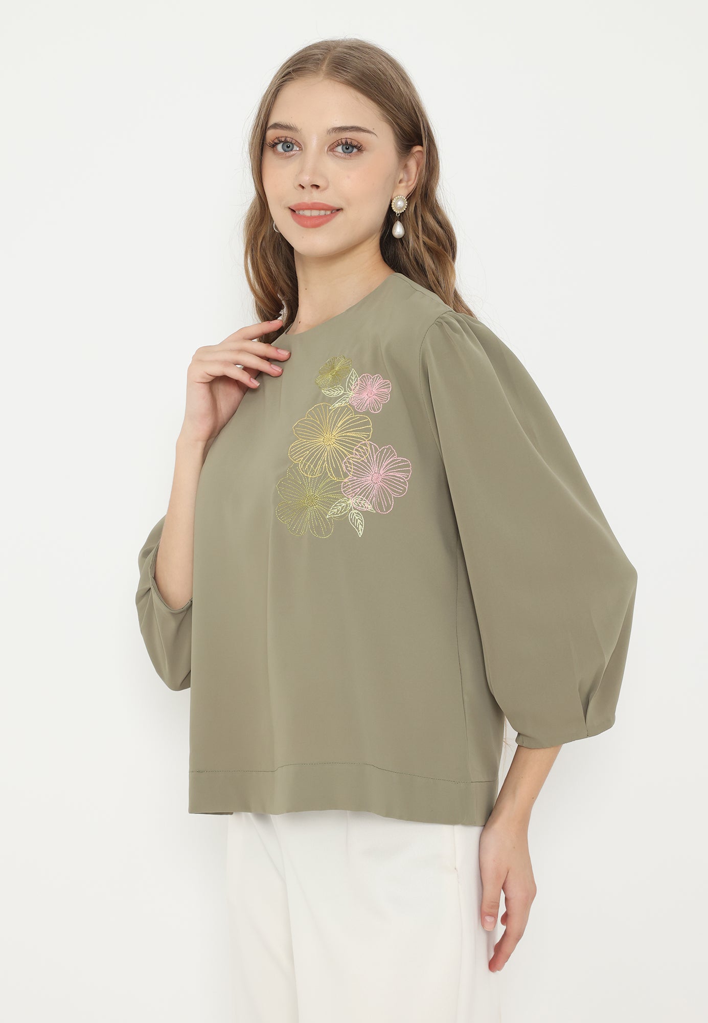 Daffodil Plain Blouse With Floral Embroidery | Green