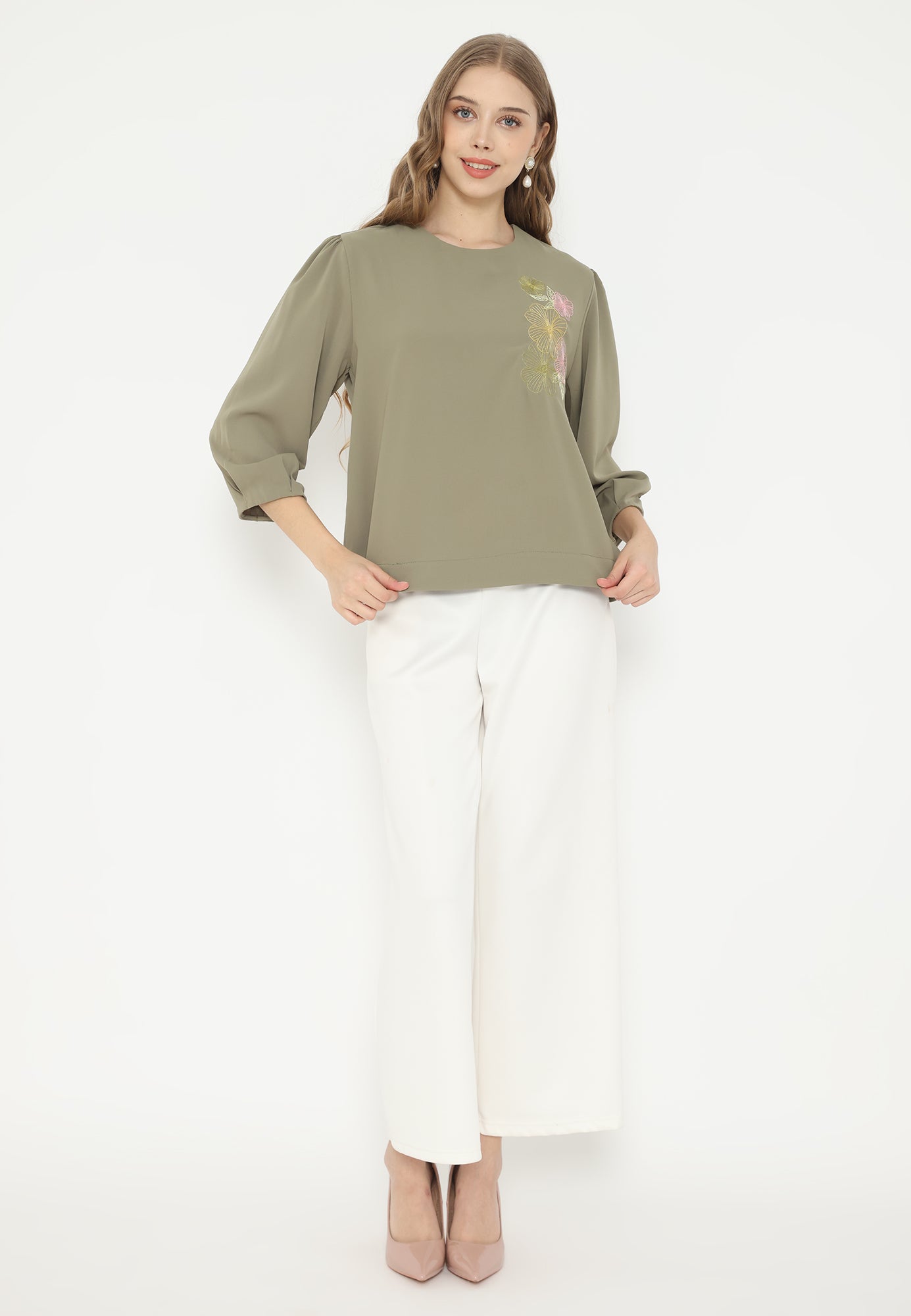 Daffodil Plain Blouse With Floral Embroidery | Green