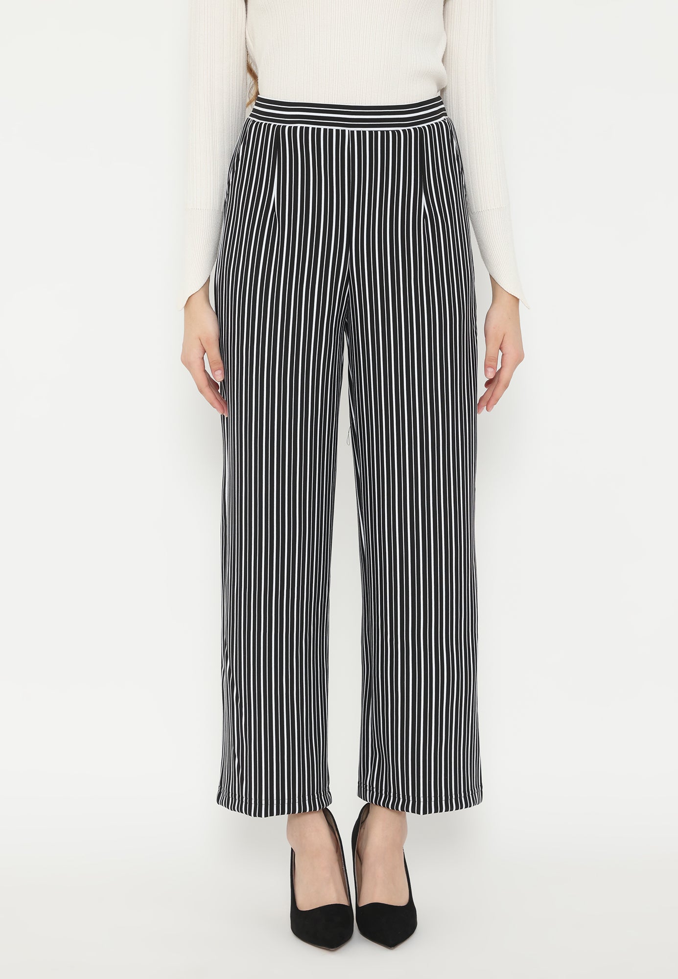Heidy Black White Stripes Long Pants | Black