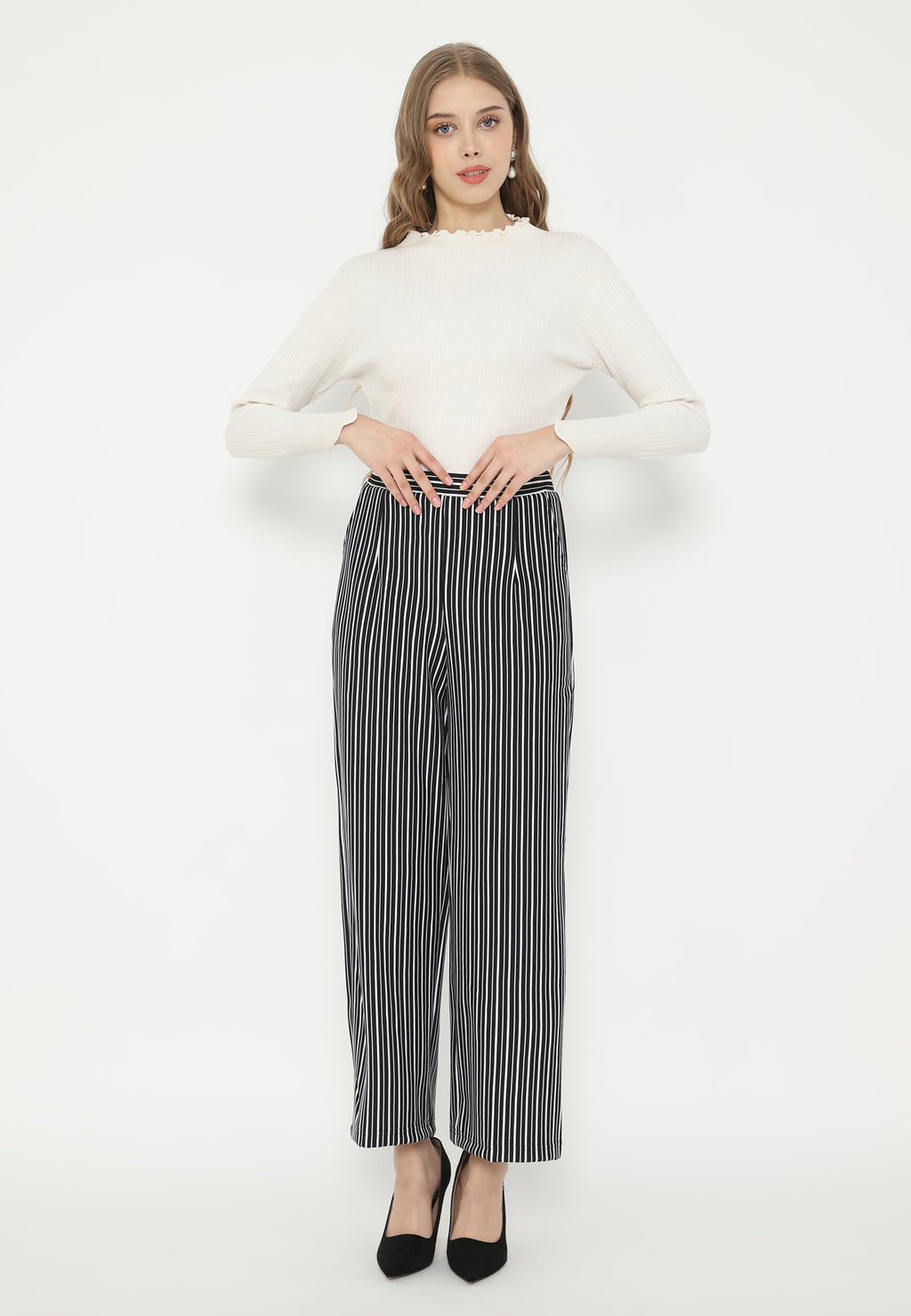 Heidy Black White Stripes Long Pants | Black