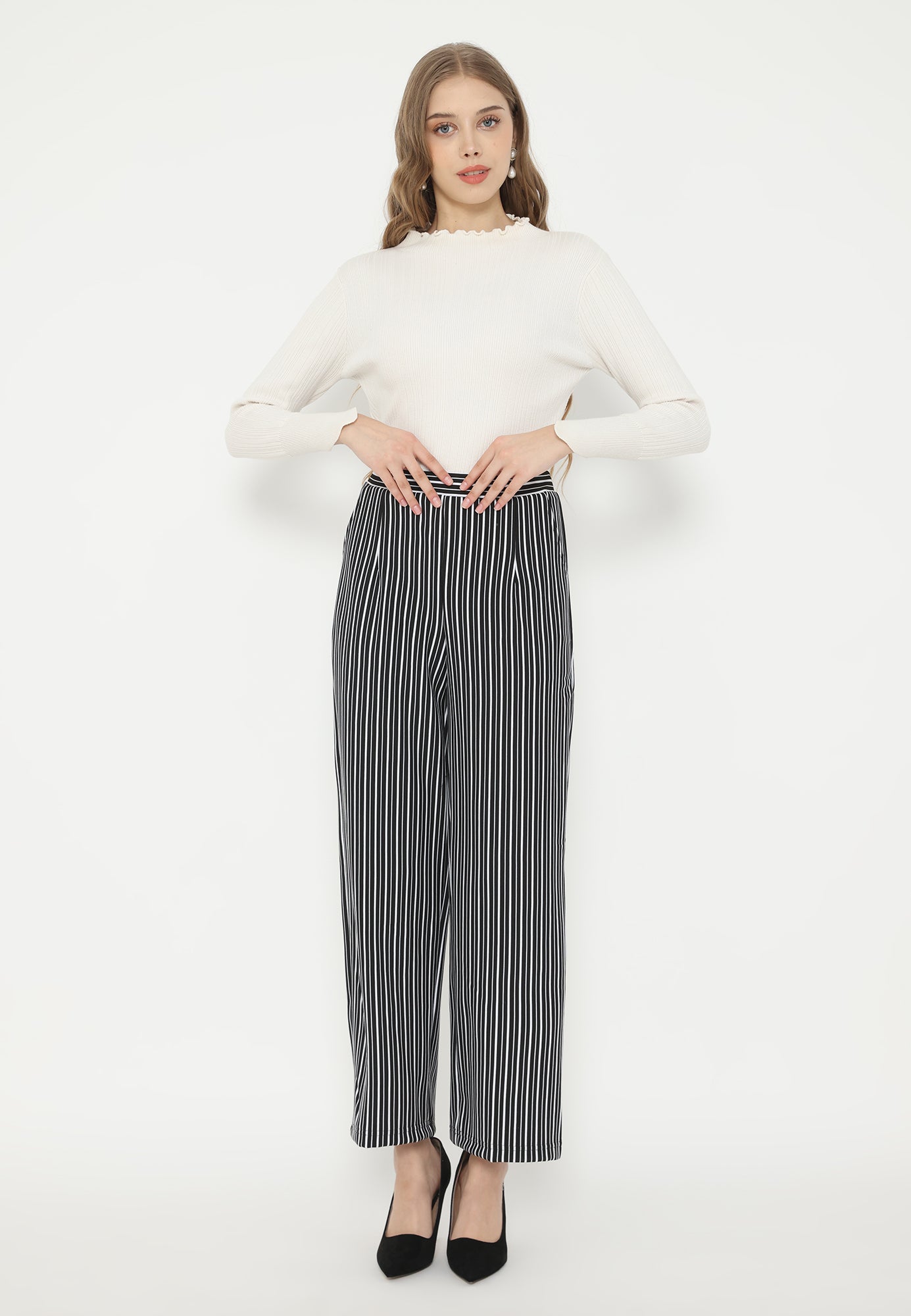 Heidy Black White Stripes Long Pants | Black