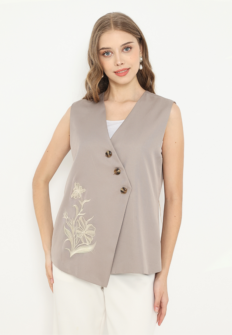 Velvet Vest Asymetrical With Floral Embroidery | Beige