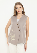Velvet Vest Asymetrical With Floral Embroidery | Beige