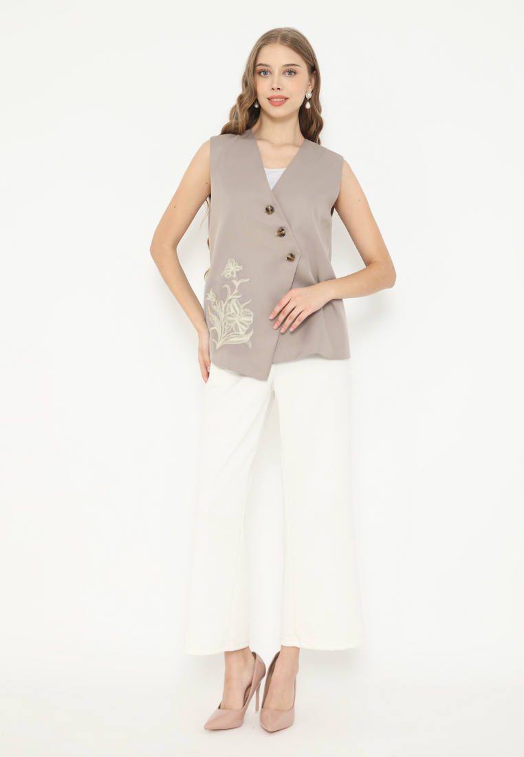 Velvet Vest Asymetrical With Floral Embroidery | Beige