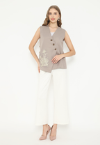 Velvet Vest Asymetrical With Floral Embroidery | Beige
