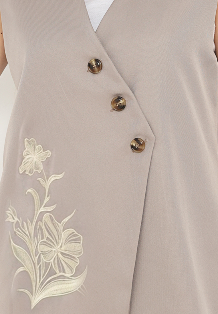 Velvet Vest Asymetrical With Floral Embroidery | Beige