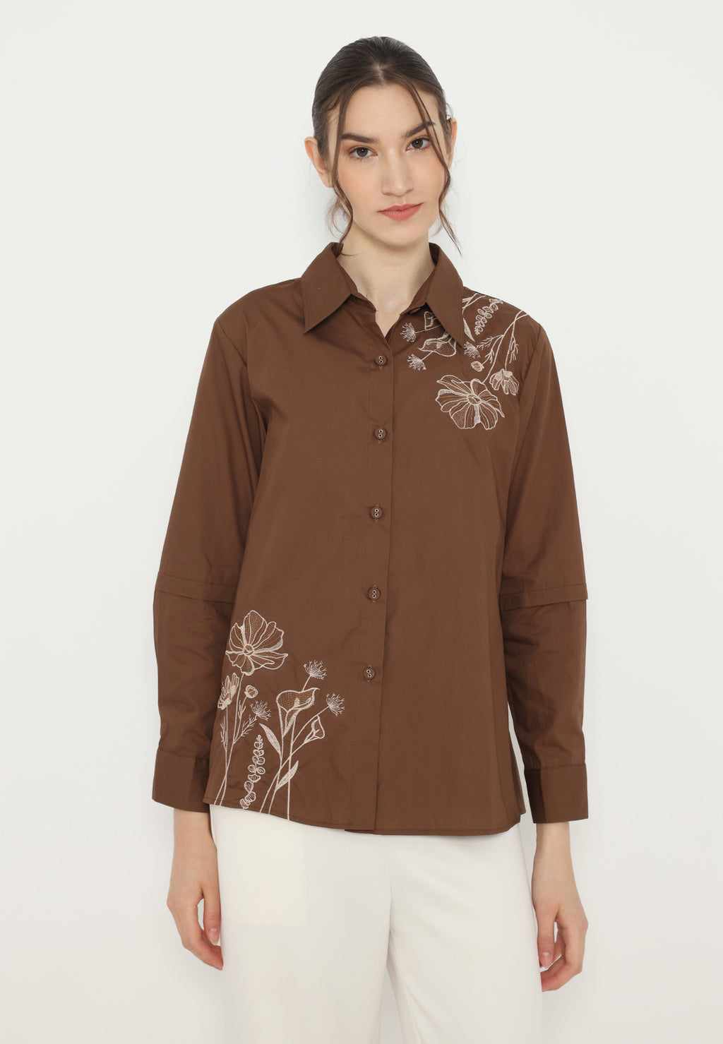 Julia Flower Embroidery Shirt | Brown